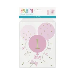 Set sacchetti di carta Primo Compleanno Rosa da 8 pezzi