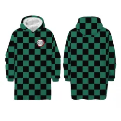 Coperta in pile sherpa foderata con pullover per adulti Demon Slayer verde, poncho