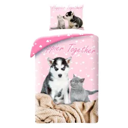 Animals Happier Together Set biancheria da letto a tema cane e gatto 140x200 cm, 70x90 cm