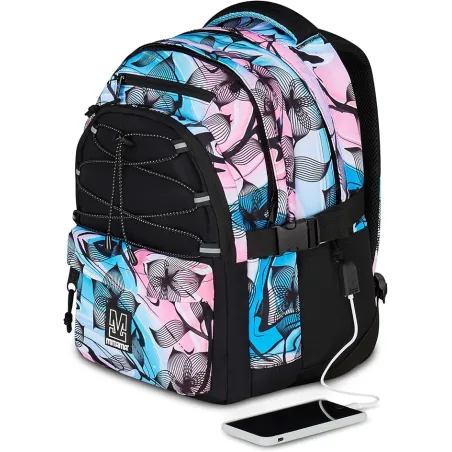 Mitama Zaino Scuola BDBF FLOWER BREEZE, Celeste, Zaino Triplo Scomparto, Tasca Porta Borraccia, Porta USB Integrata