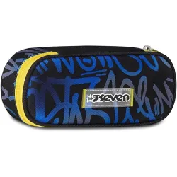 Seven Bustina Scuola Round Plus, Nero e Blu, Taschino Interno con Zip e Passanti Elastici Portapenne