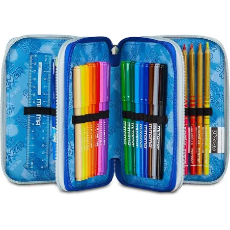 Seven Astuccio Scuola Elementare, 3 scomparti, Medie, con Matite, Pennarelli, Penne, 3 Zip, Hue & Writes, Bambino, Ragazzo, blu