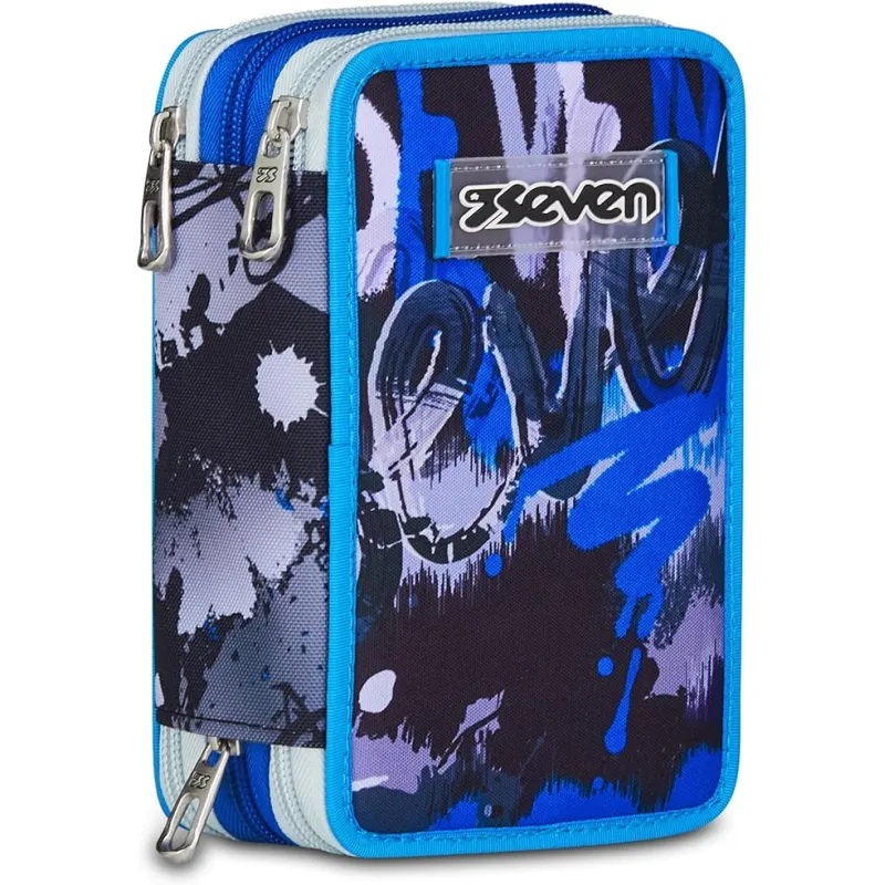 Seven Astuccio Scuola Elementare, 3 scomparti, Medie, con Matite, Pennarelli, Penne, 3 Zip, Hue & Writes, Bambino, Ragazzo, blu