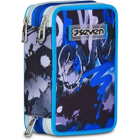 Seven Astuccio Scuola Elementare, 3 scomparti, Medie, con Matite, Pennarelli, Penne, 3 Zip, Hue & Writes, Bambino, Ragazzo, blu