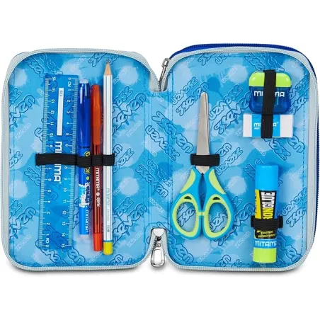 Seven Astuccio Scuola Elementare, 3 scomparti, Medie, con Matite, Pennarelli, Penne, 3 Zip, Hue & Writes, Bambino, Ragazzo, blu