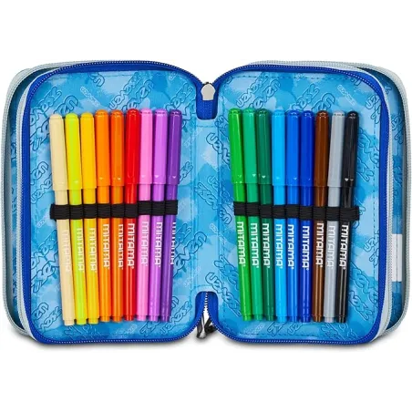 Seven Astuccio Scuola Elementare, 3 scomparti, Medie, con Matite, Pennarelli, Penne, 3 Zip, Hue & Writes, Bambino, Ragazzo, blu