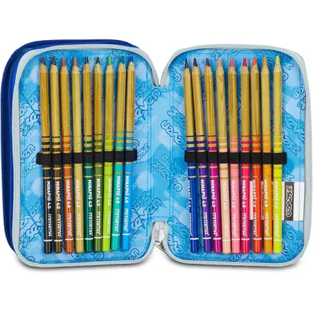 Seven Astuccio Scuola Elementare, 3 scomparti, Medie, con Matite, Pennarelli, Penne, 3 Zip, Hue & Writes, Bambino, Ragazzo, blu