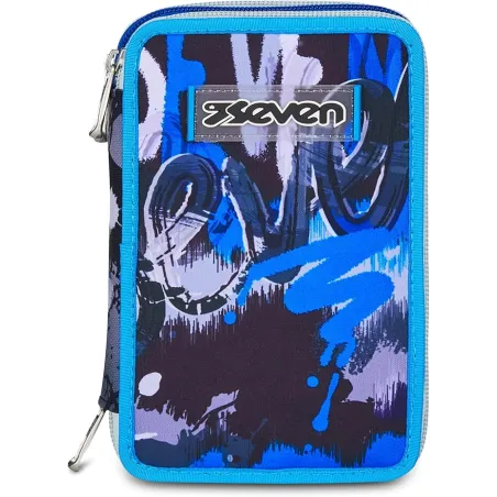 Seven Astuccio Scuola Elementare, 3 scomparti, Medie, con Matite, Pennarelli, Penne, 3 Zip, Hue & Writes, Bambino, Ragazzo, blu