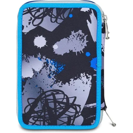 Seven Astuccio Scuola Elementare, 3 scomparti, Medie, con Matite, Pennarelli, Penne, 3 Zip, Hue & Writes, Bambino, Ragazzo, blu