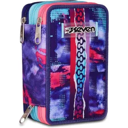 Seven Astuccio Scuola Elementare, 3 scomparti, Medie, con Matite, Pennarelli, Penne, 3 Zip